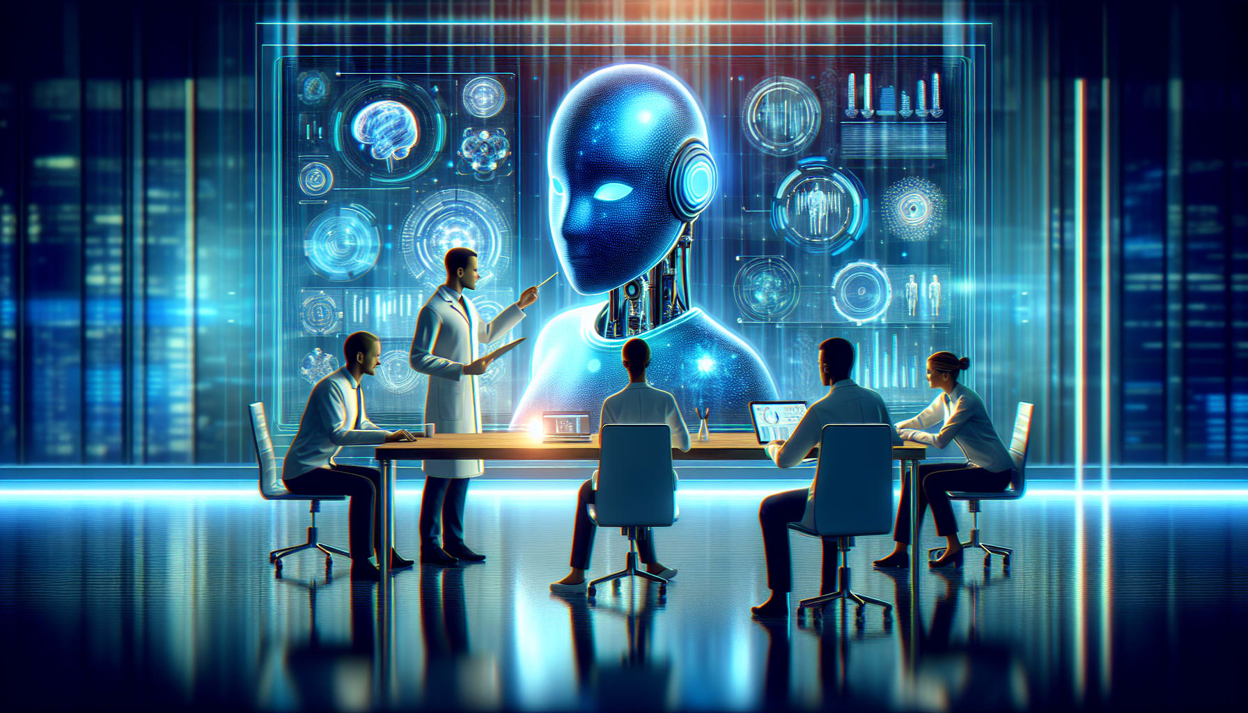 AI agent and scientists collaborating on digital whiteboard in lab