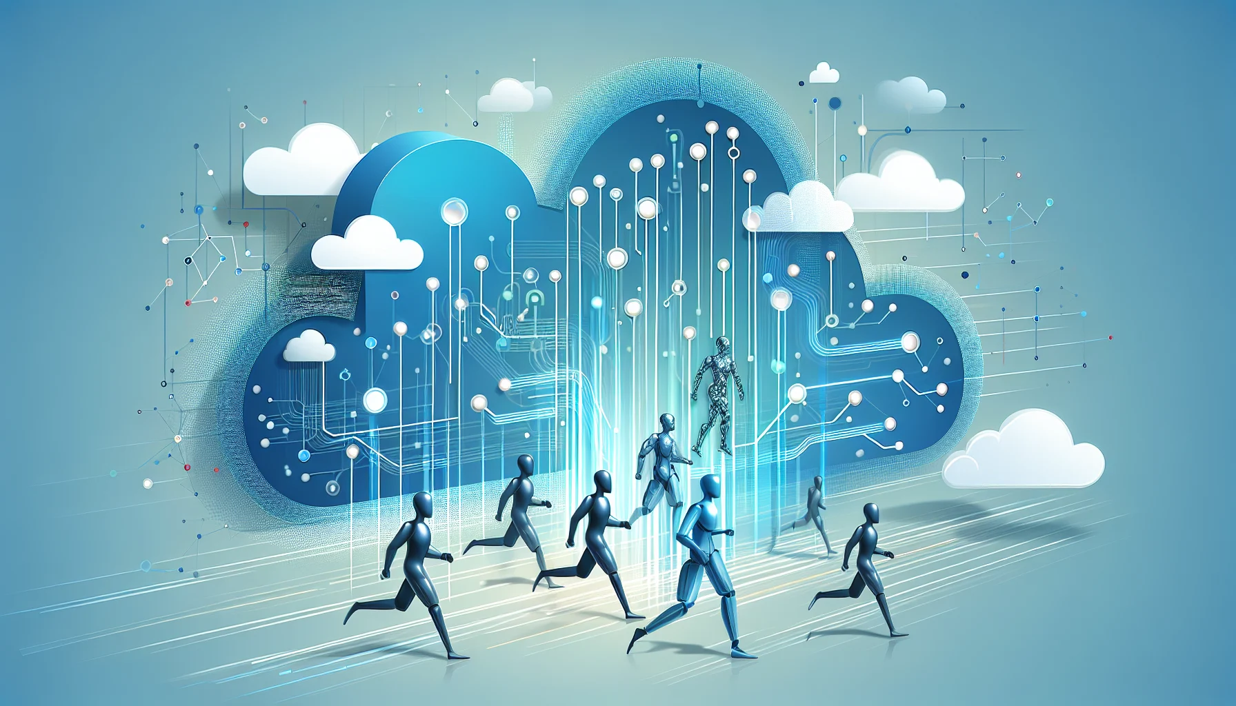 Illustration of several AI agents dynamically routing through a cloud system