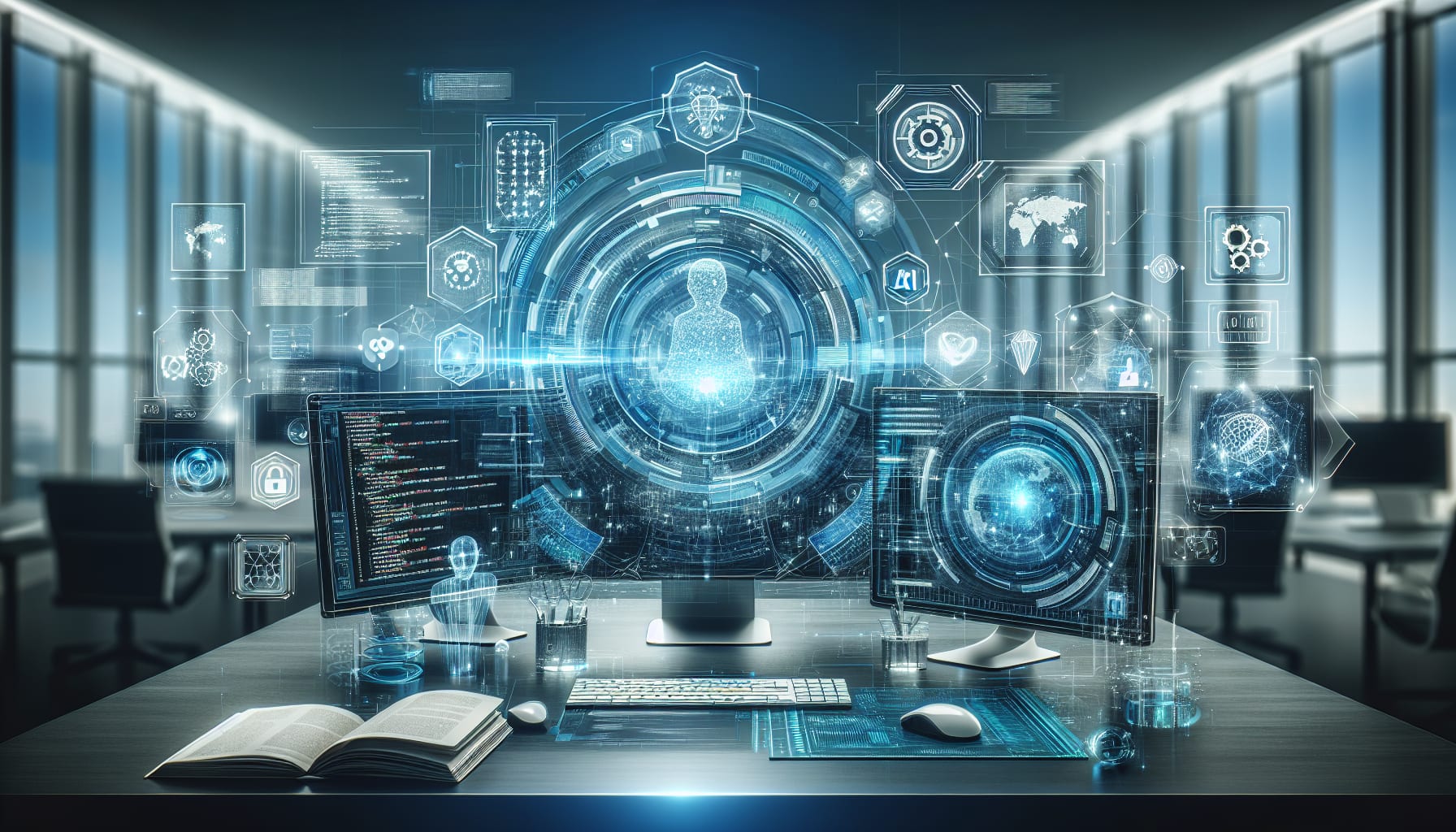 A modern developer workspace showing AI code generation with security icons