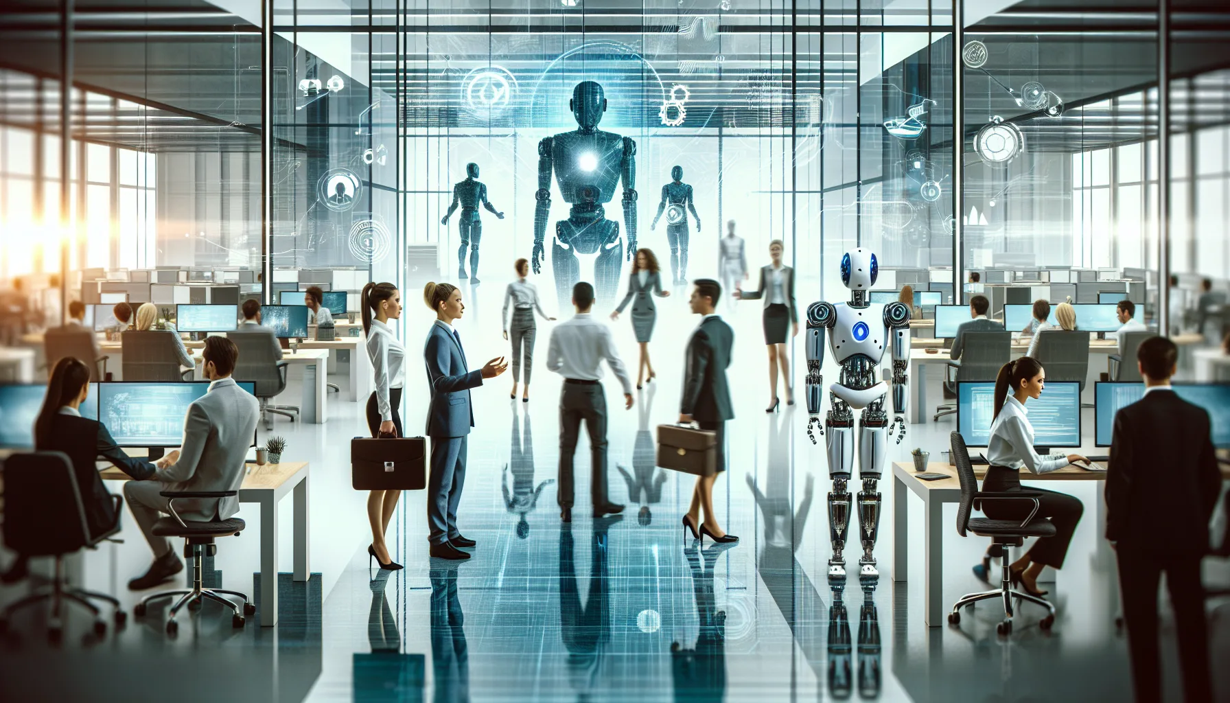 Humans and AI agents working together in a professional office environment