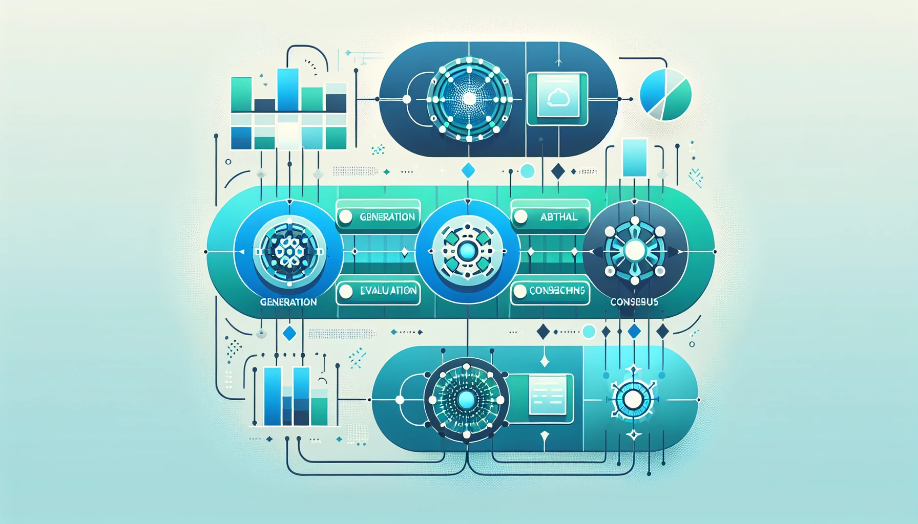 Diagram illustrating the workflow of multi-model AI, including generation, evaluation, and consensus steps