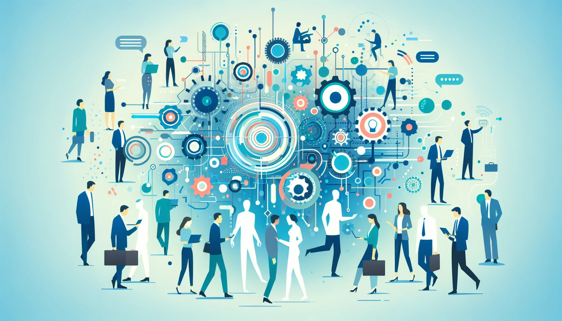 Illustration of diverse AI agents evolving and collaborating in an enterprise environment