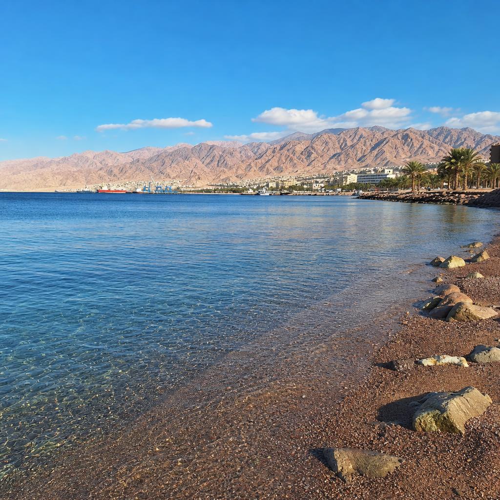 Quiet Aqaba shoreline beside the Red Sea