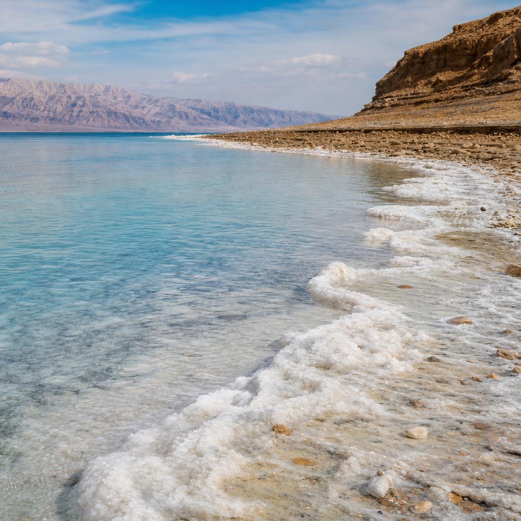 Jordanian Dead Sea shoreline in sunny mild weather