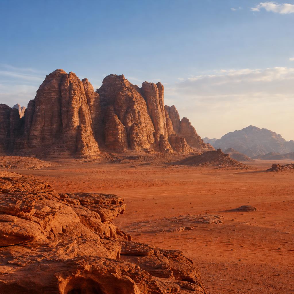 Wadi Rum sandstone landscape under clear desert skies