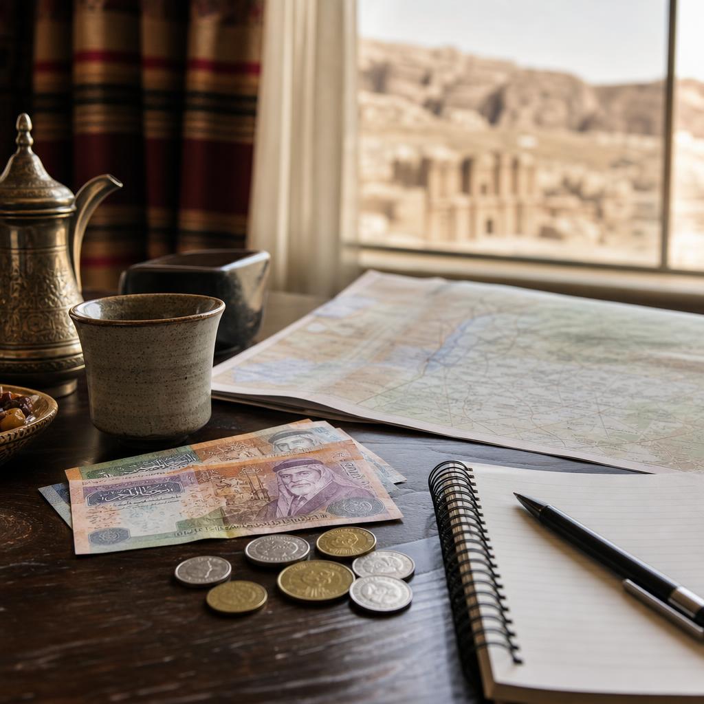 Jordanian dinars and map used for trip planning