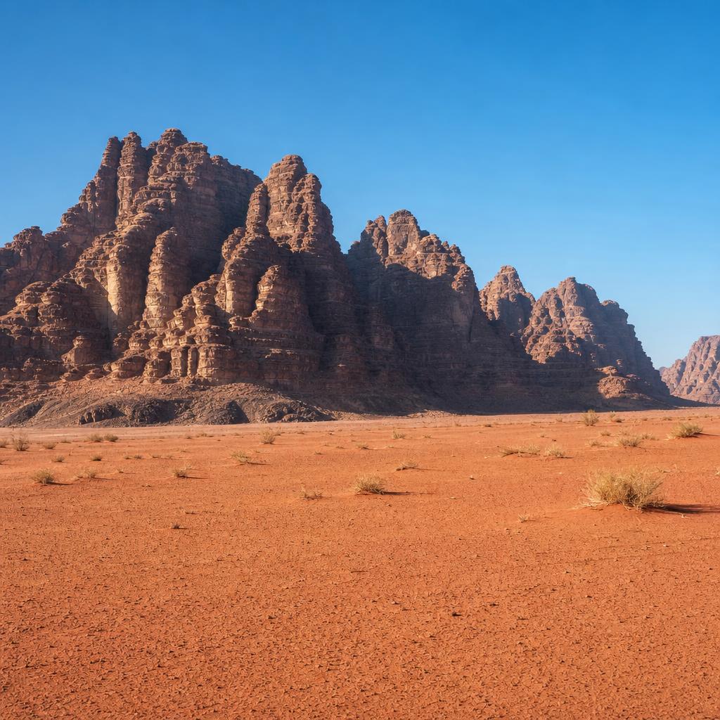 Wadi Rum desert mountains and open sand