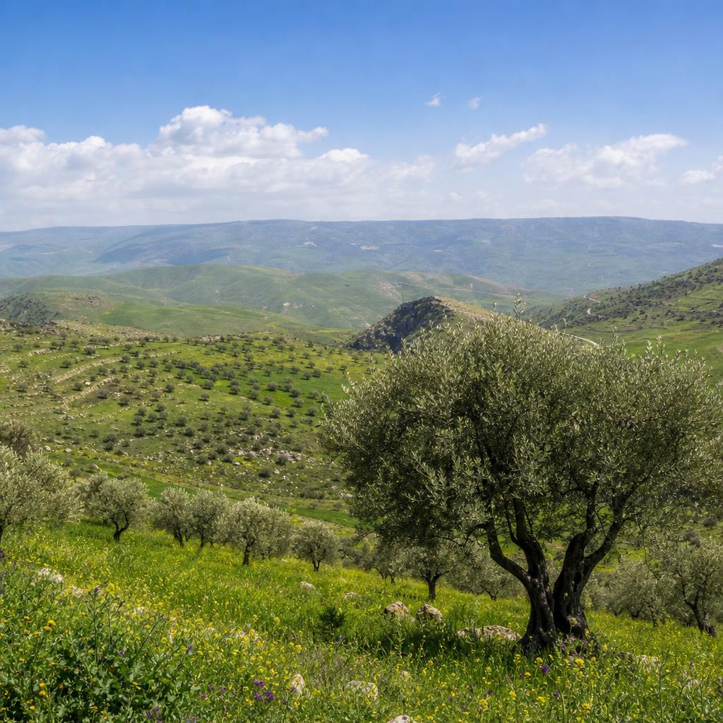 Olive groves and rolling northern Jordan countryside