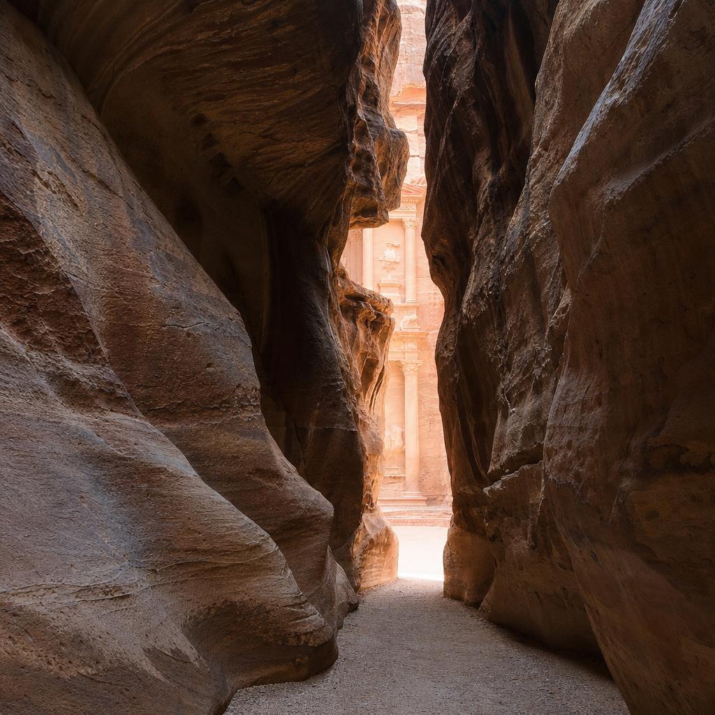 Narrow sandstone walls of the Siq in Petra