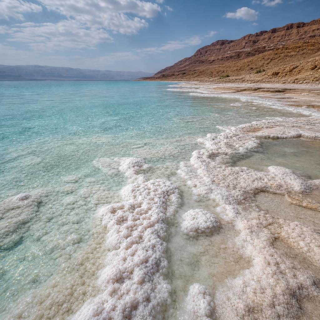 Dead Sea shore with mineral-blue water in Jordan