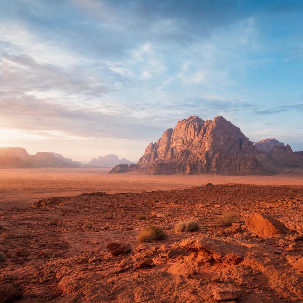 Wadi Rum red desert and sandstone mountains