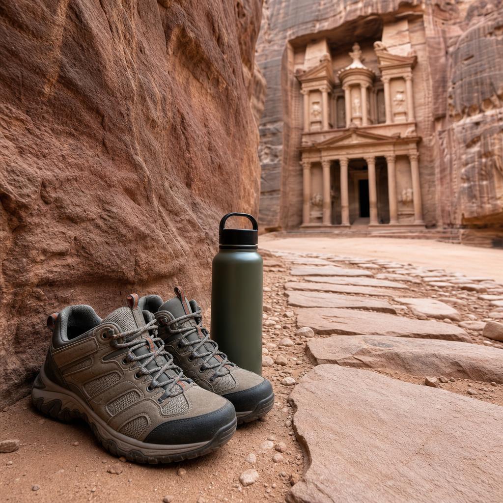 Practical travel items for a Petra walking day