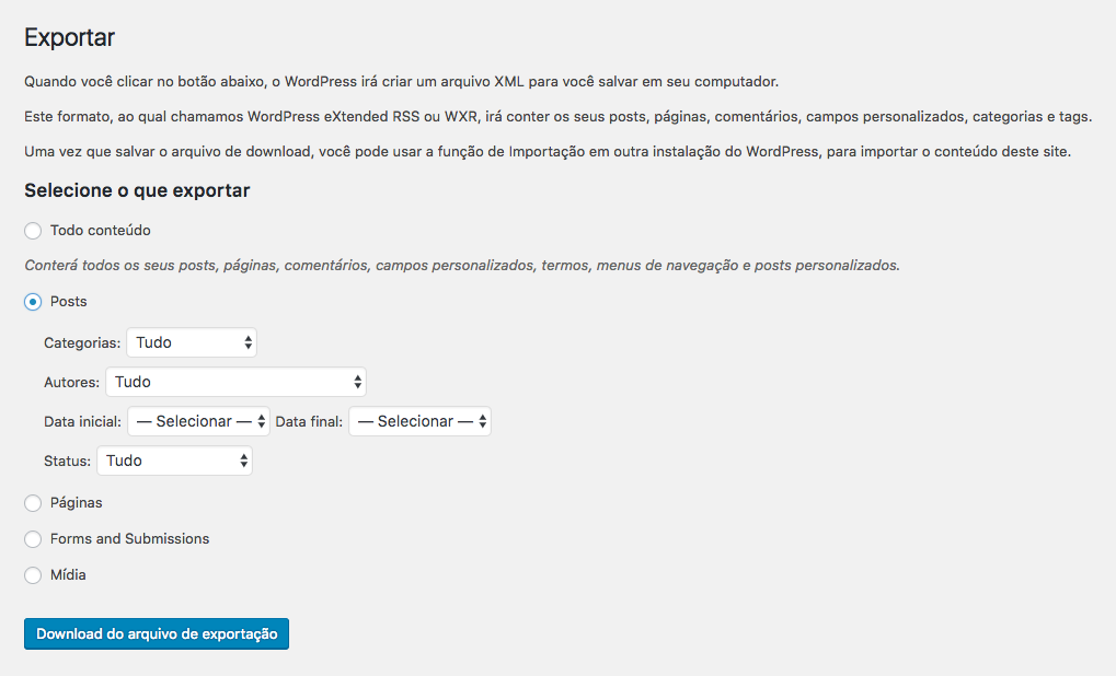 Screenshot da tela do Wordpress