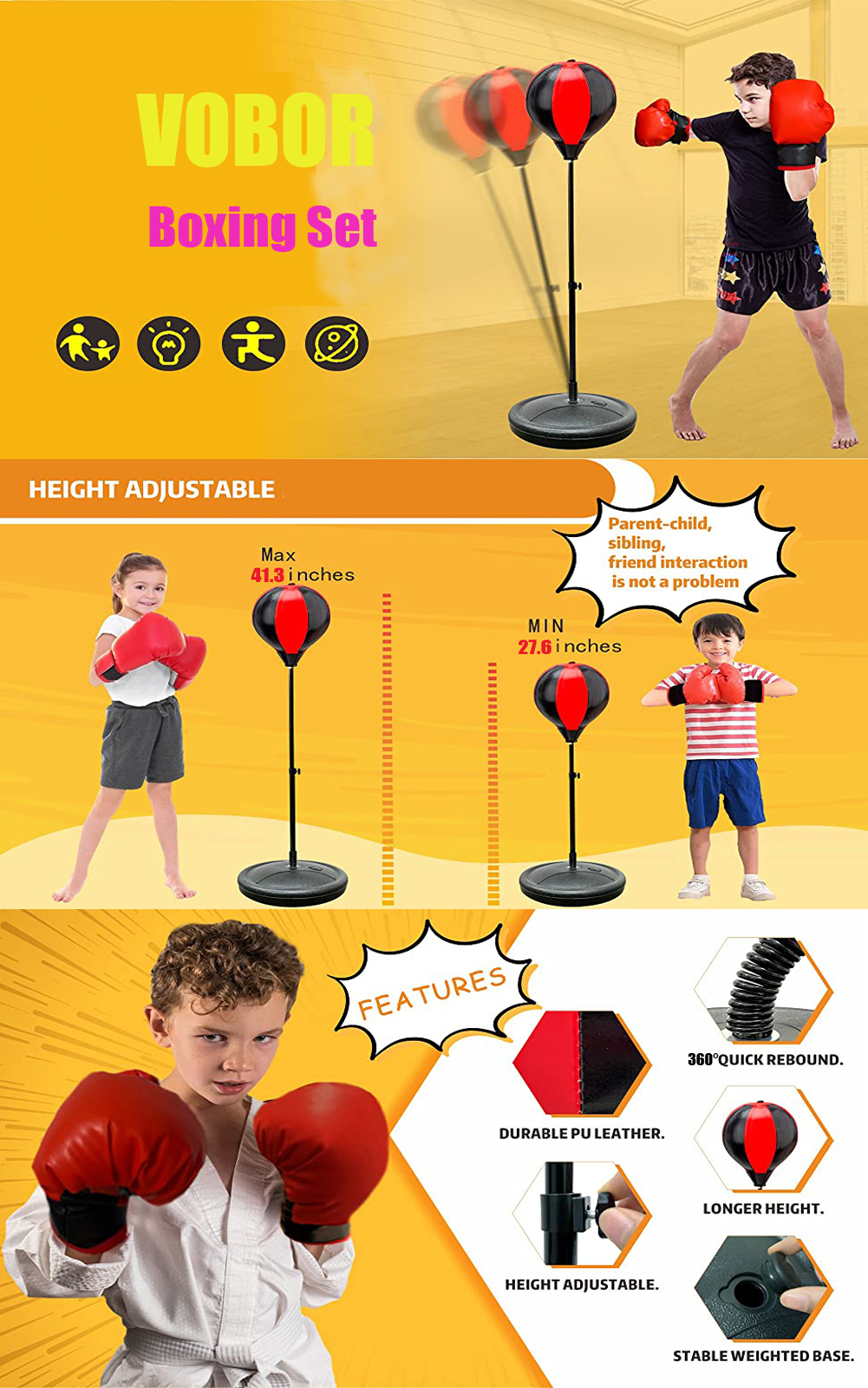 Vobor Adjustable Height Punching Ball Bag Speed Boxing Sports Toys Set ,  Great Exercise & Fun Activity for Stress Relief & Fitness