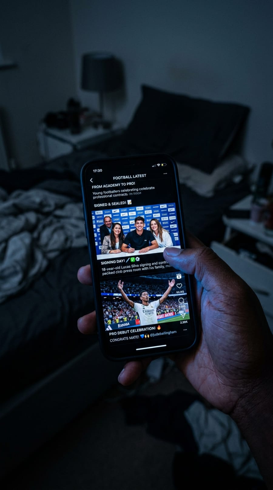 A hand holding a glowing phone in bed at night, scrolling a football feed