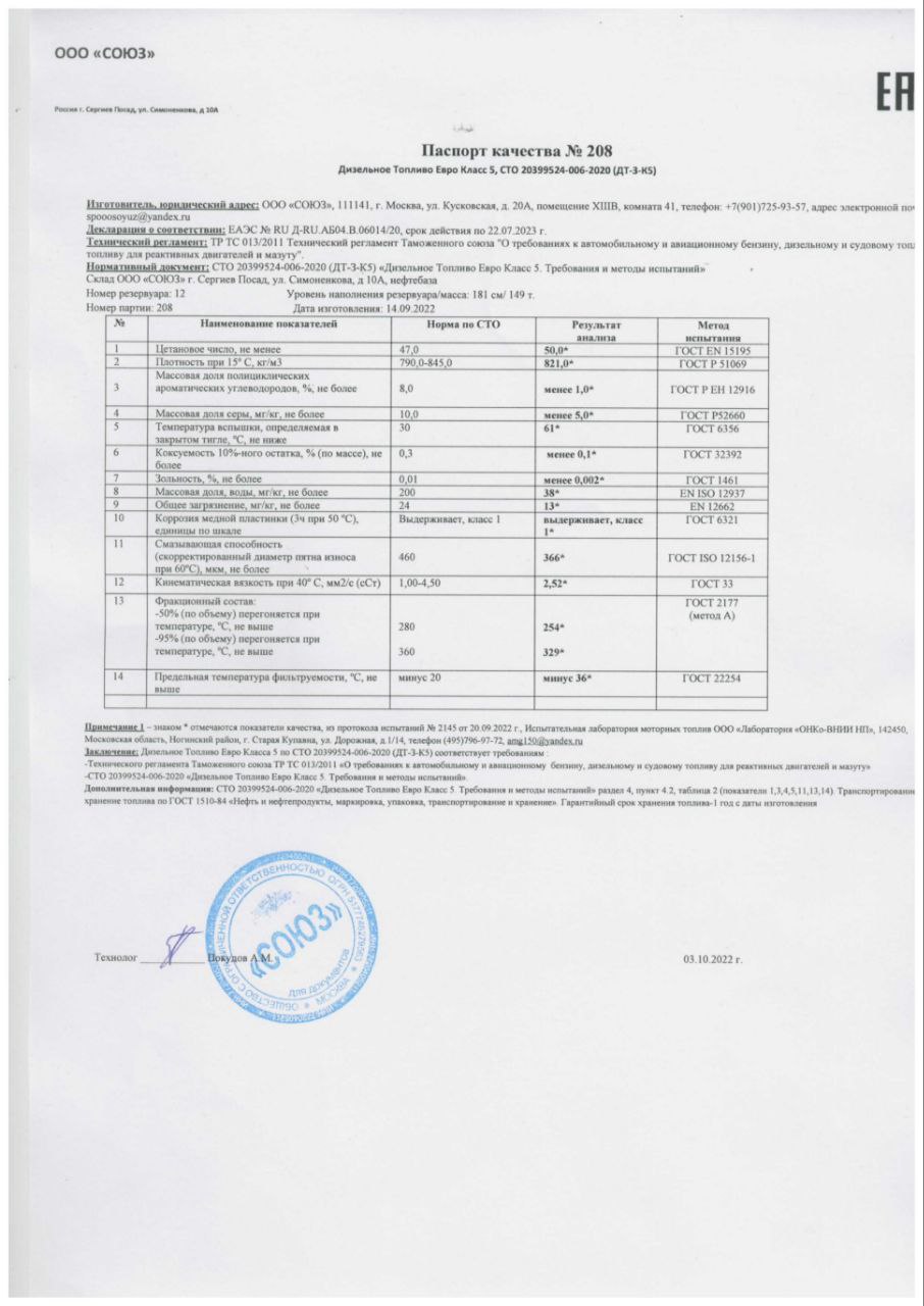 Паспорт качества дизельного топлива ООО СОЮЗ