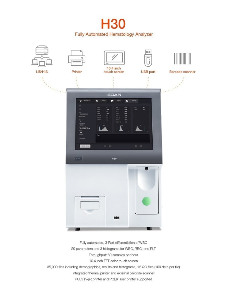 EDAN H30 Fully Automatic 3-Part Hematology Analyzer