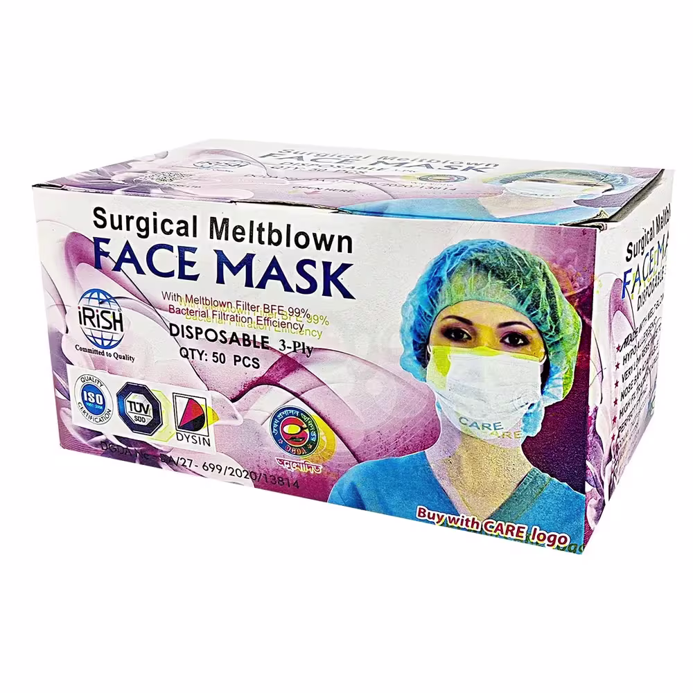 Face Mask Surgical 3 Layers with Nose Pin 50's Pack (Irish)