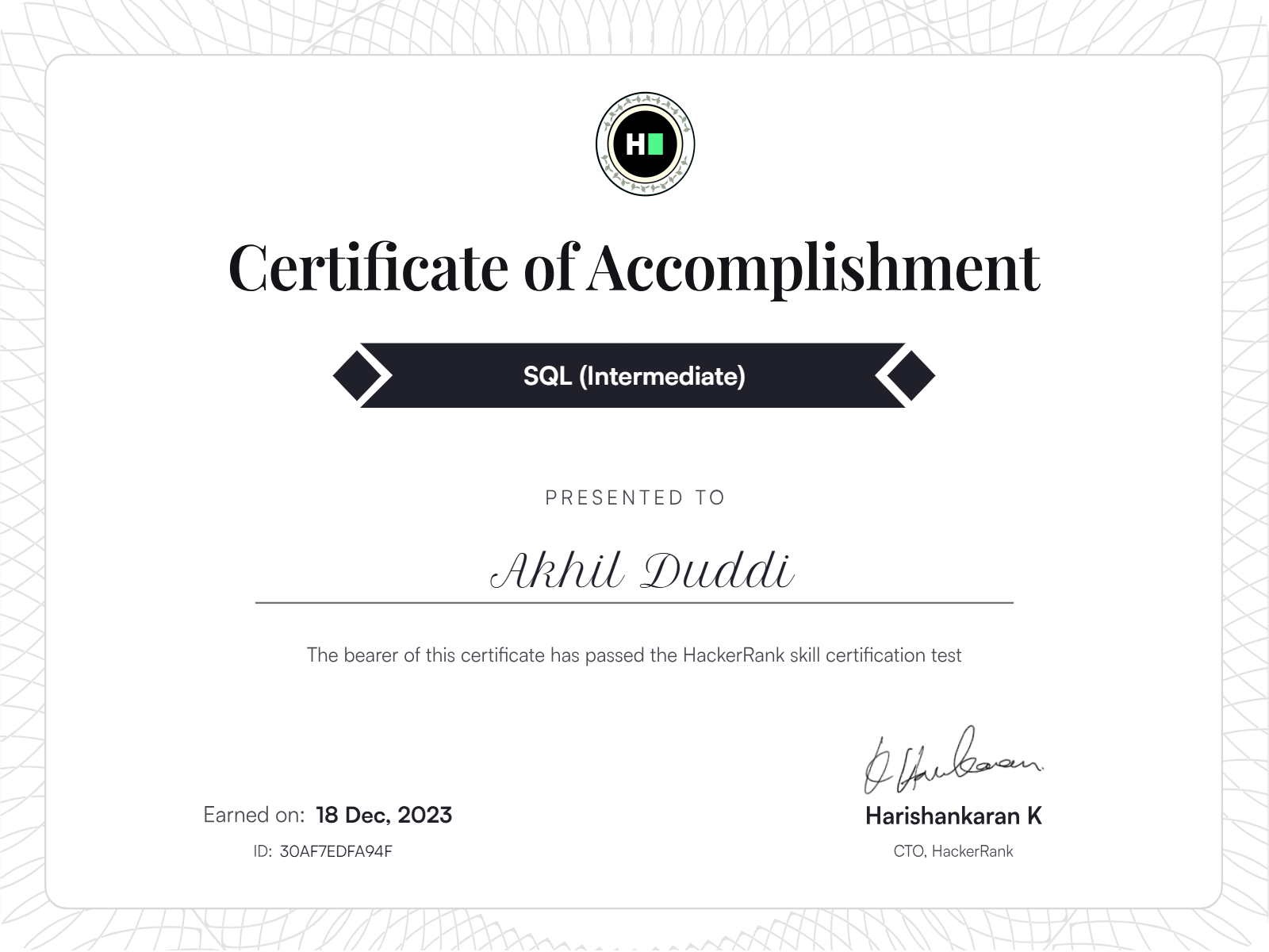 SQL Intermediate Certificate