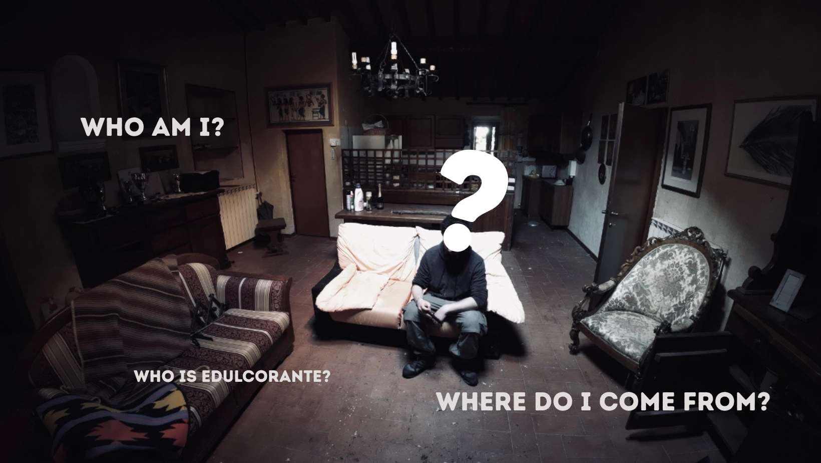 Man thinking on a couch in an abandoned place.