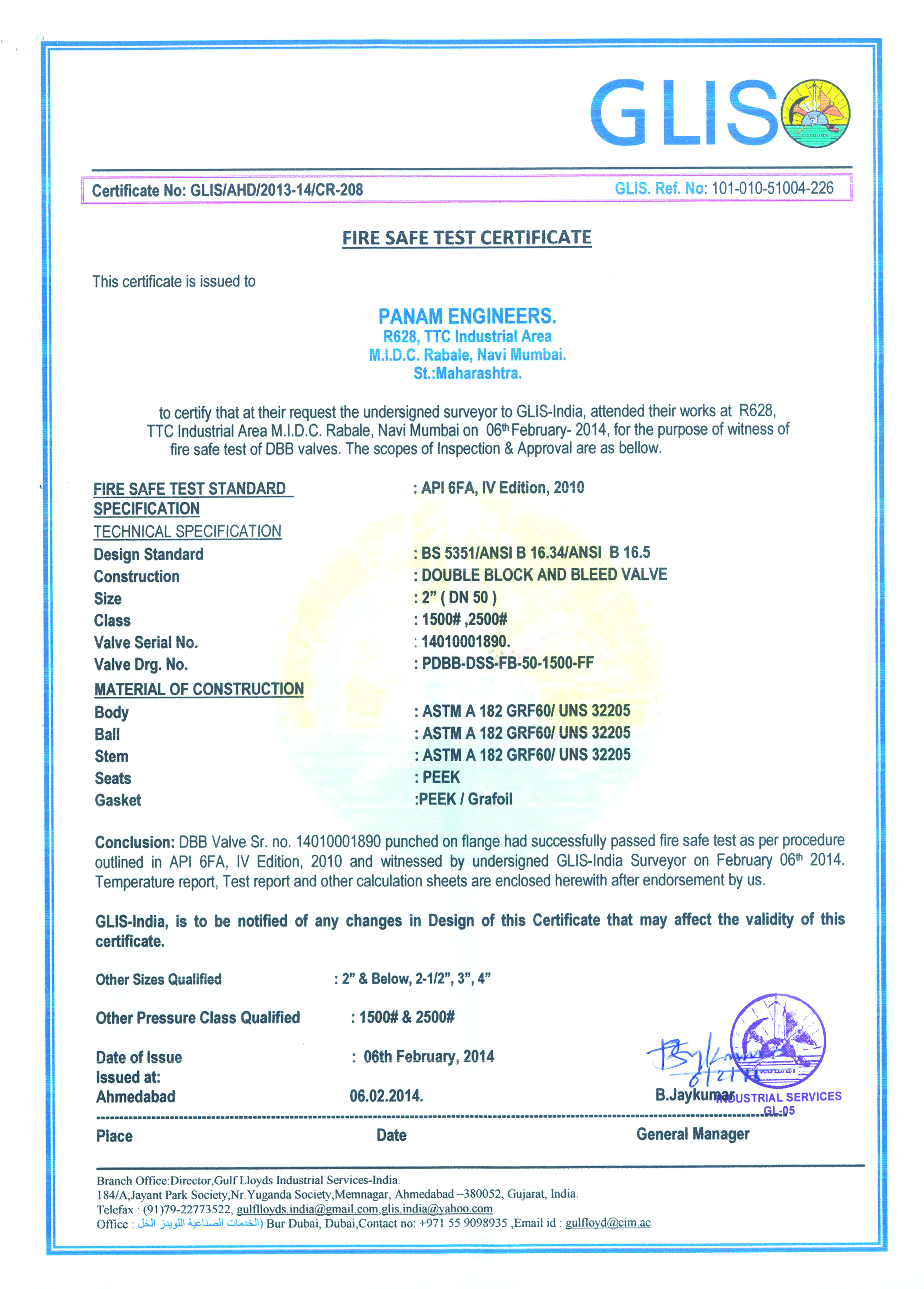 FIRE SAFE FOR DBB VALVES BY GLIS ASTM A