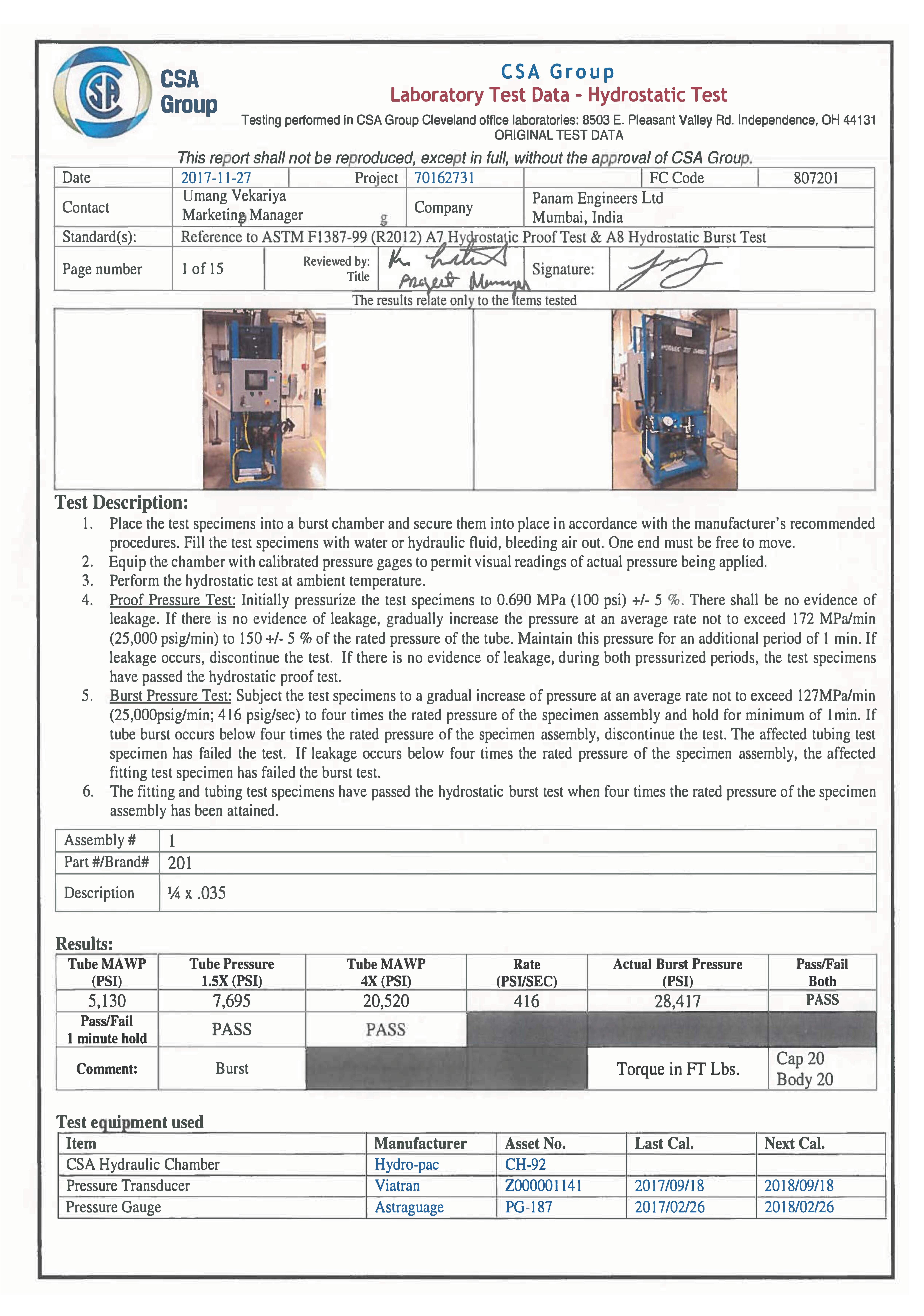 Burst Pressure Test Of Tube Fittings By CSA Group (USA)