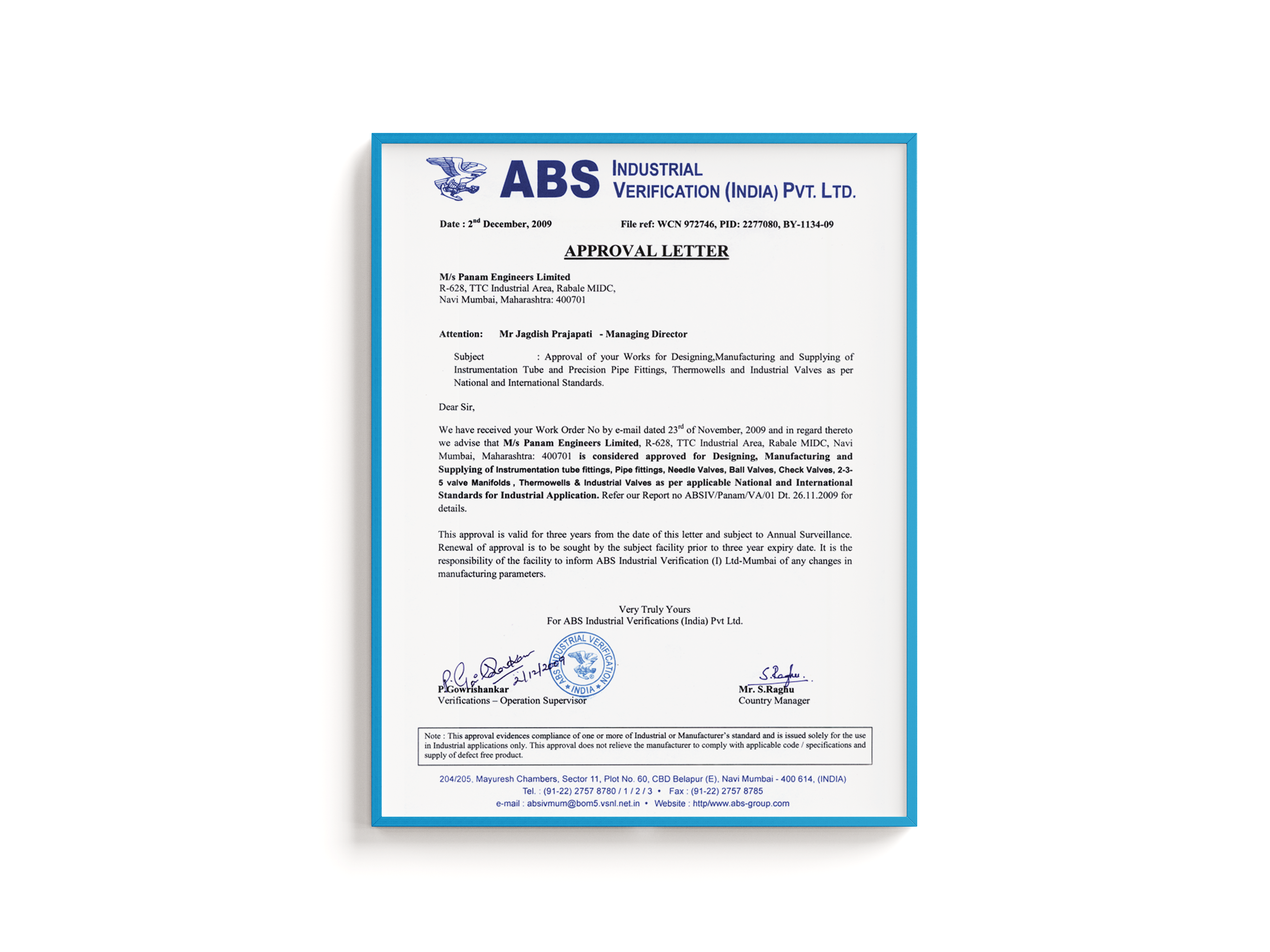 MFG. Facility Approval Letter from ABS Industrial