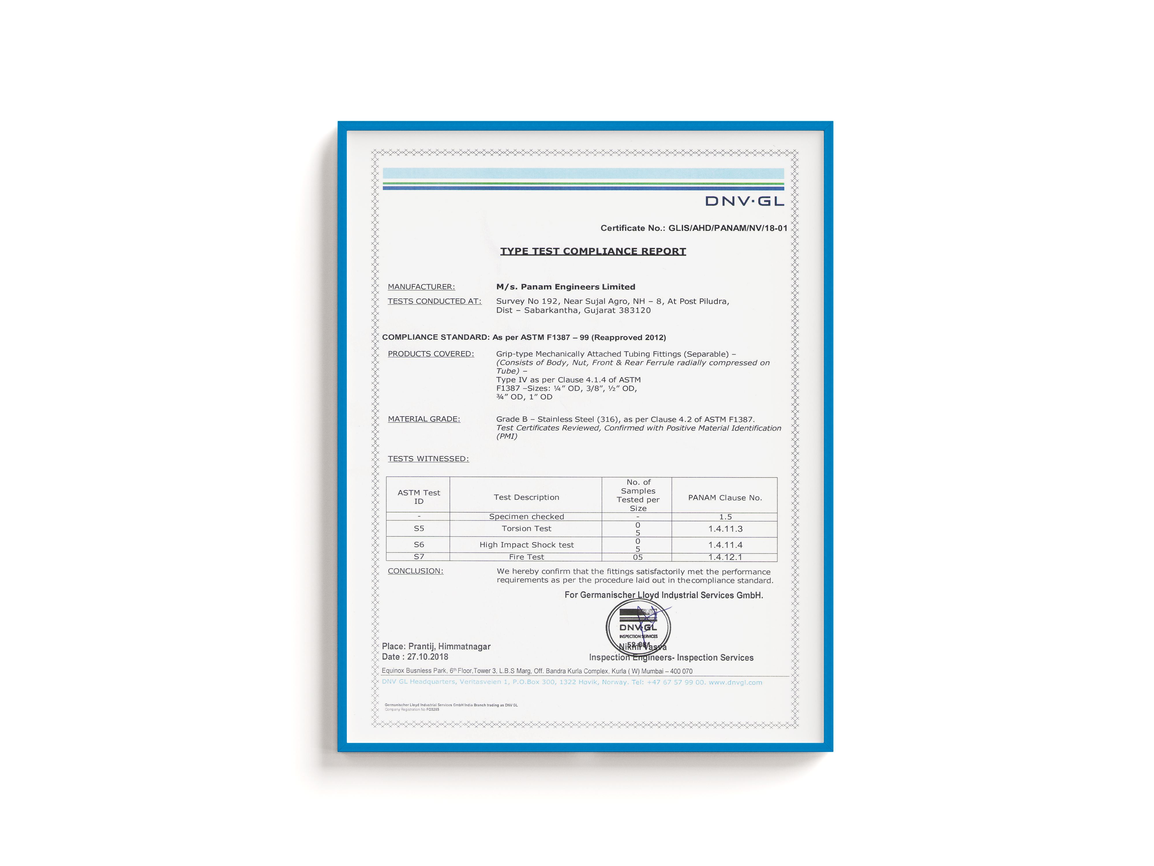 Torsion, High Impact Shock & Fire Test as per ASTM F-1387-99 For Tube Fittings