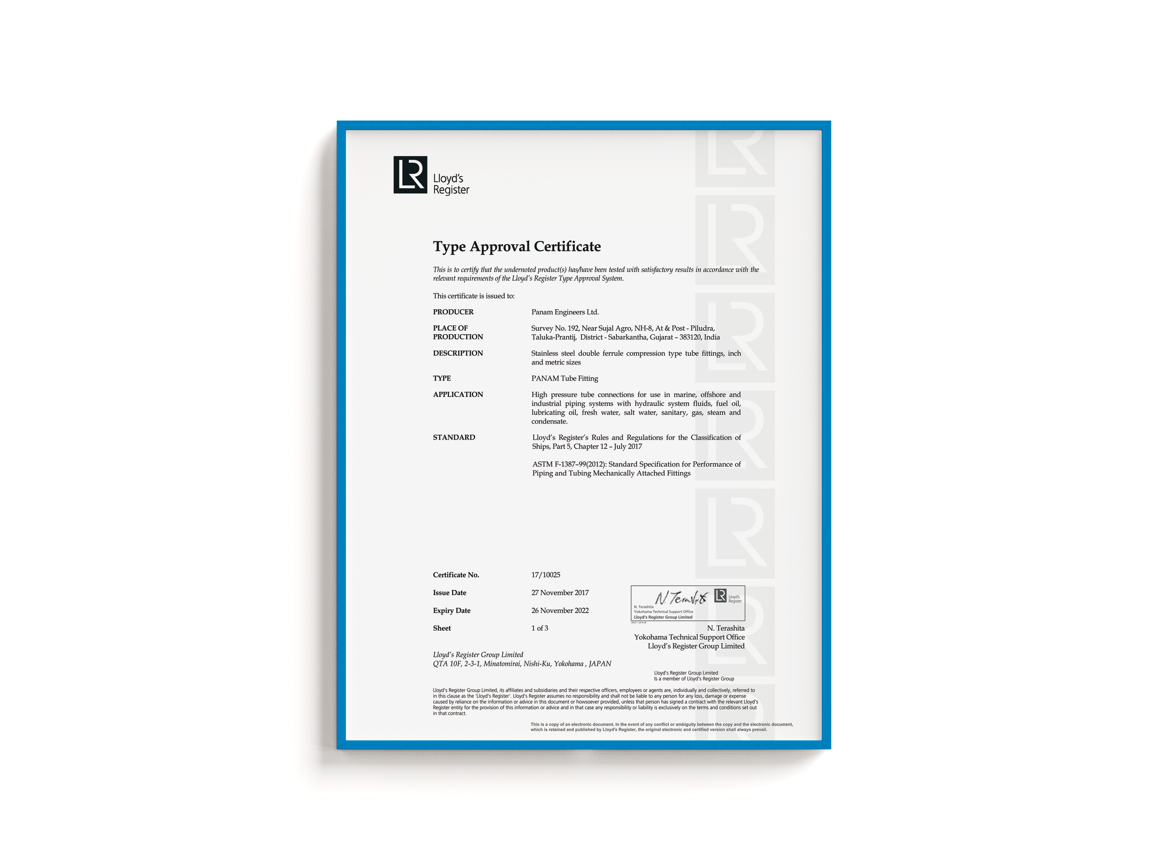 LLYODS APPROVAL FOR Tube Fittings