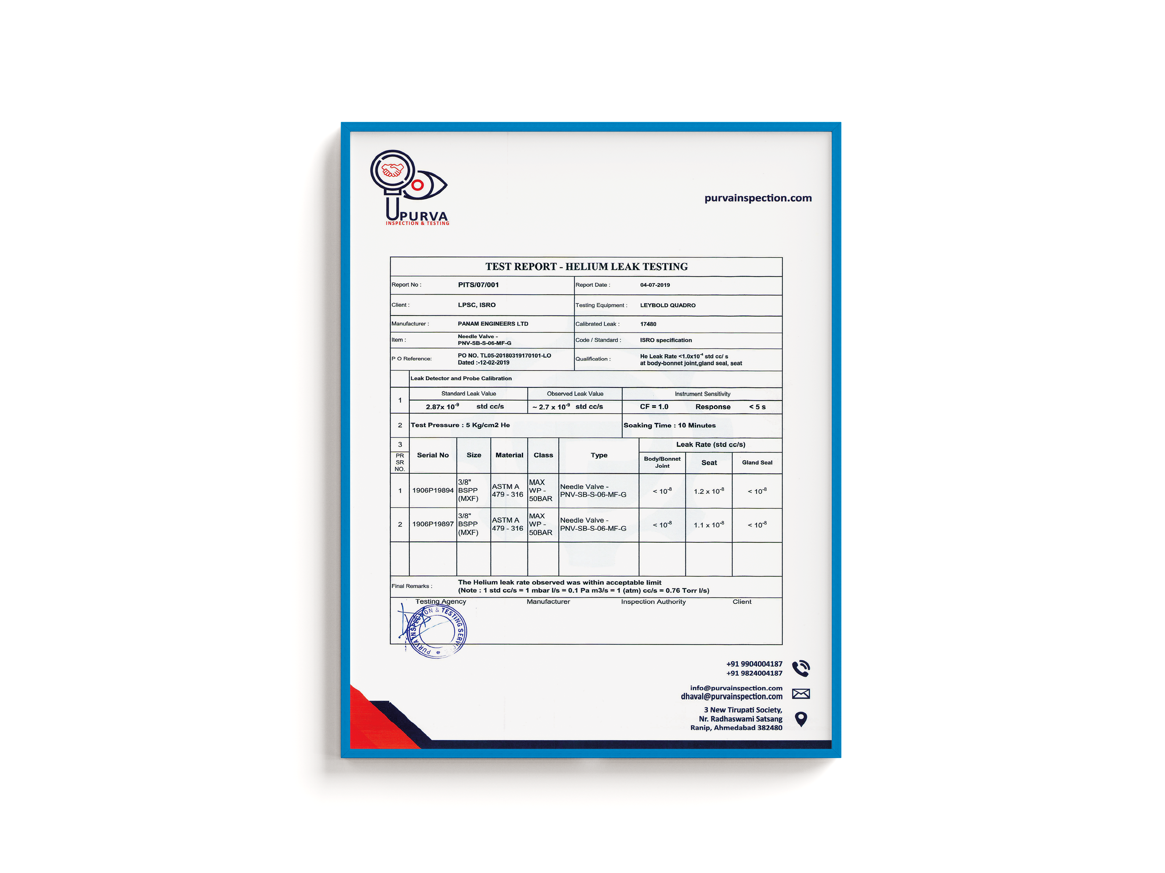 HELIUM LEAK TEST REPORT - NEEDLE VALVES - ISRO