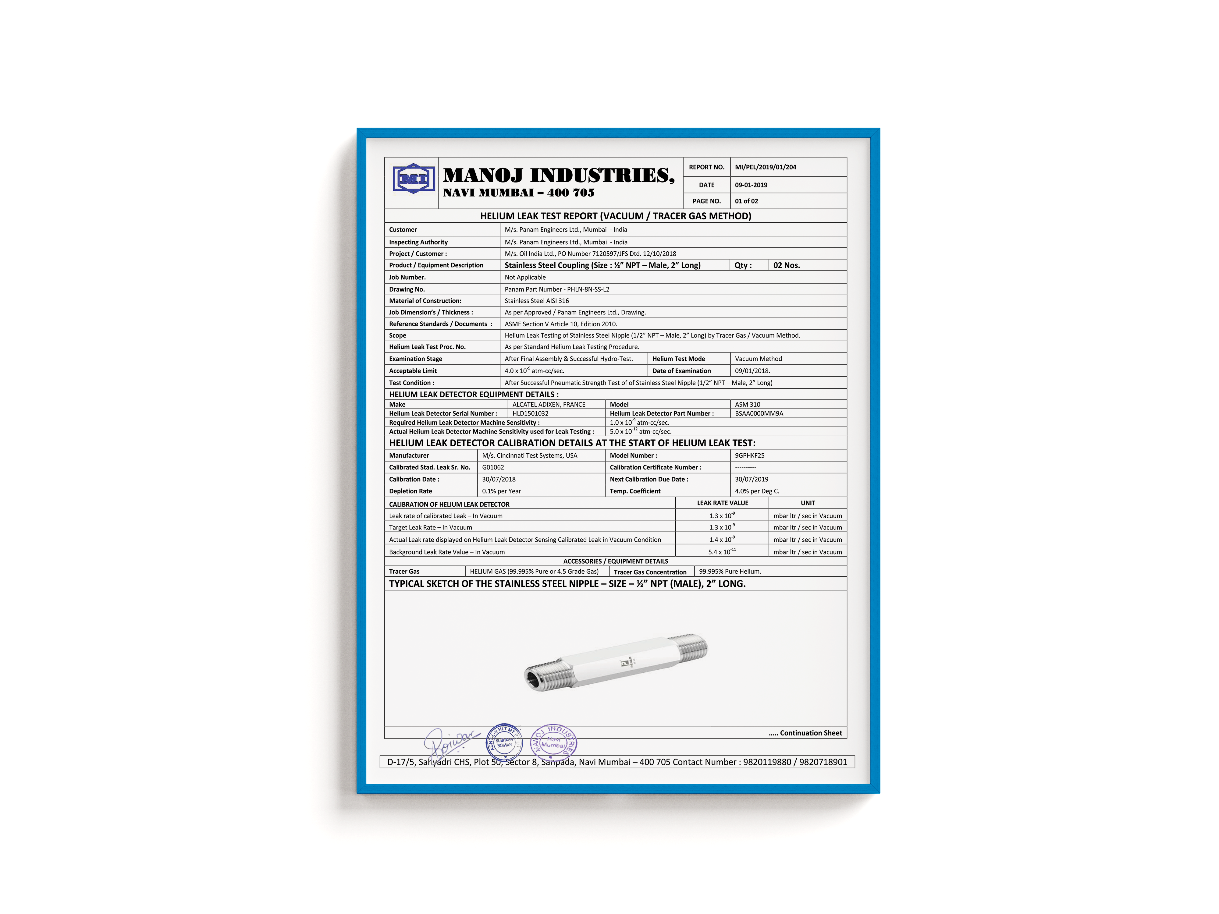 HELIUM LEAK TEST REPORT - PIPE FITTINGS