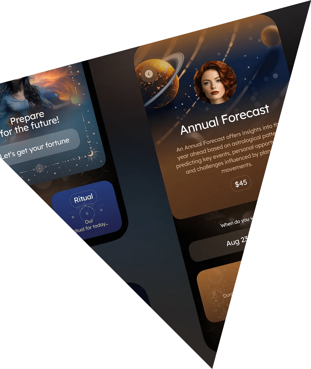 Modern astrology app like AstroSage or Astroyogi with live chat and zodiac predictions.