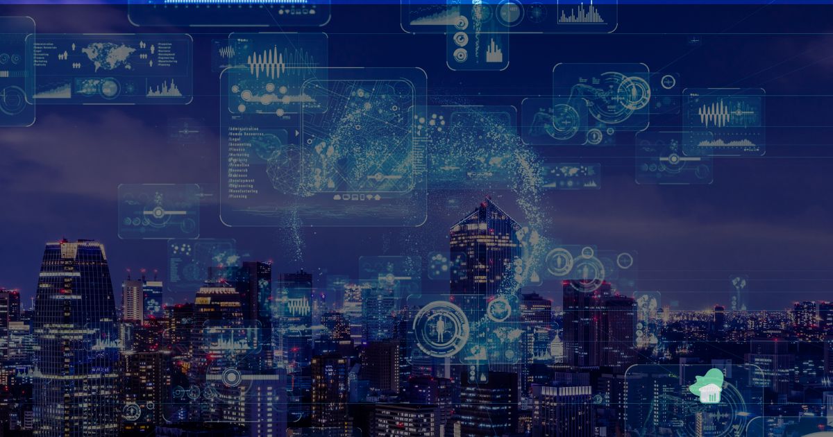 Φουτουριστική νυχτερινή πόλη με ψηφιακά γραφήματα και δεδομένα να αιωρούνται, συμβολίζοντας την Τεχνητή Νοημοσύνη (AI) και την ανάλυση data στην αγορά ακινήτων.