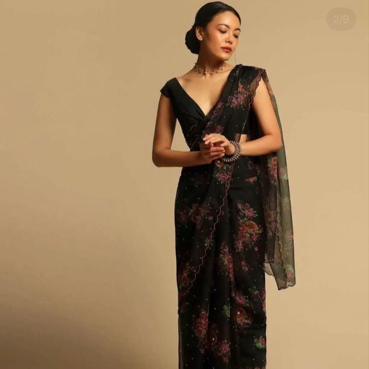 Black Organza Floral Sarees
