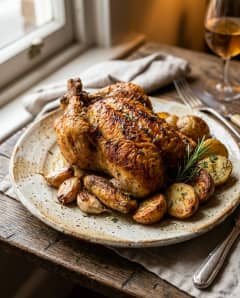 Frango assado com ervas e batatas rústicas