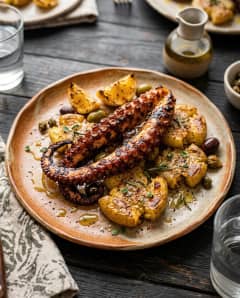 Polvo na brasa com batatas ao murro