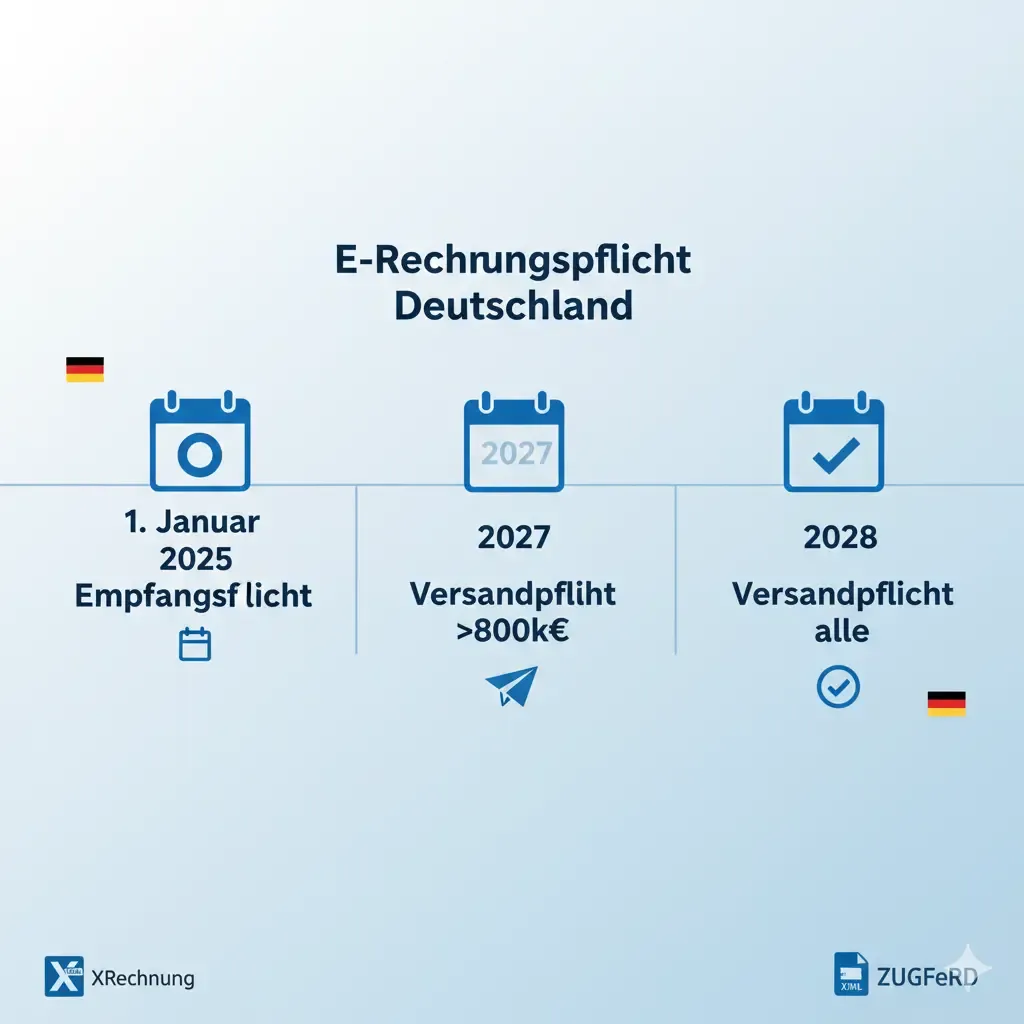 E-Rechnung Pflicht Deutschland 2025-2028: Timeline mit wichtigen Fristen für XRechnung und ZUGFeRD