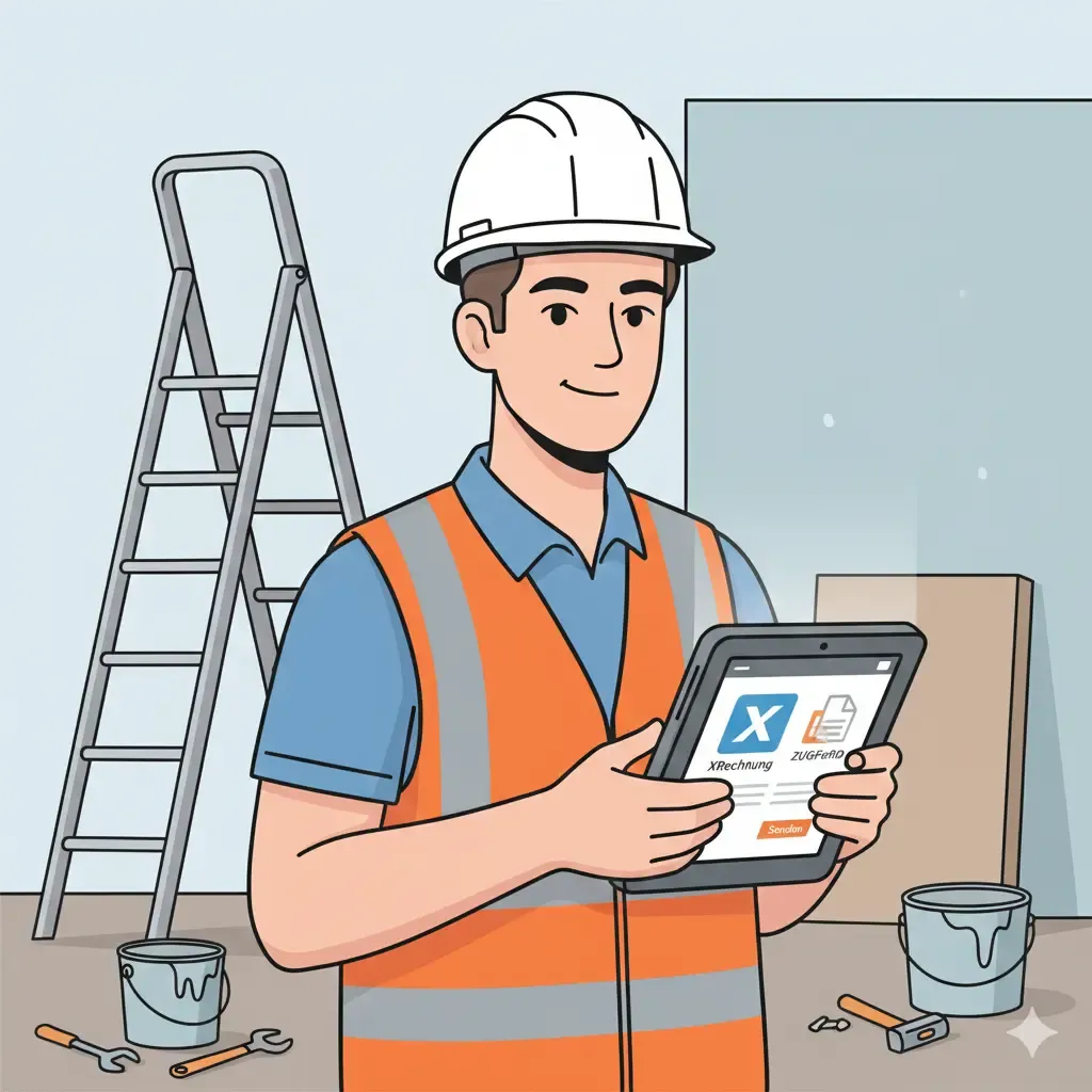 Handwerker erstellt Rechnung mobil auf Baustelle mit Tablet - Rechnungsprogramm ohne Abo