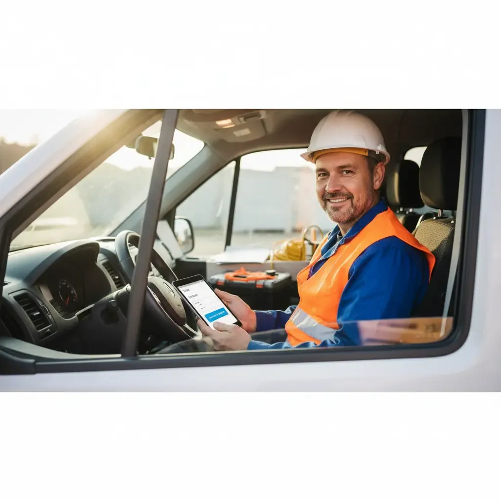 Handwerker erstellt Rechnung mobil auf Tablet mit kostenlosem Rechnungsprogramm auf der Baustelle