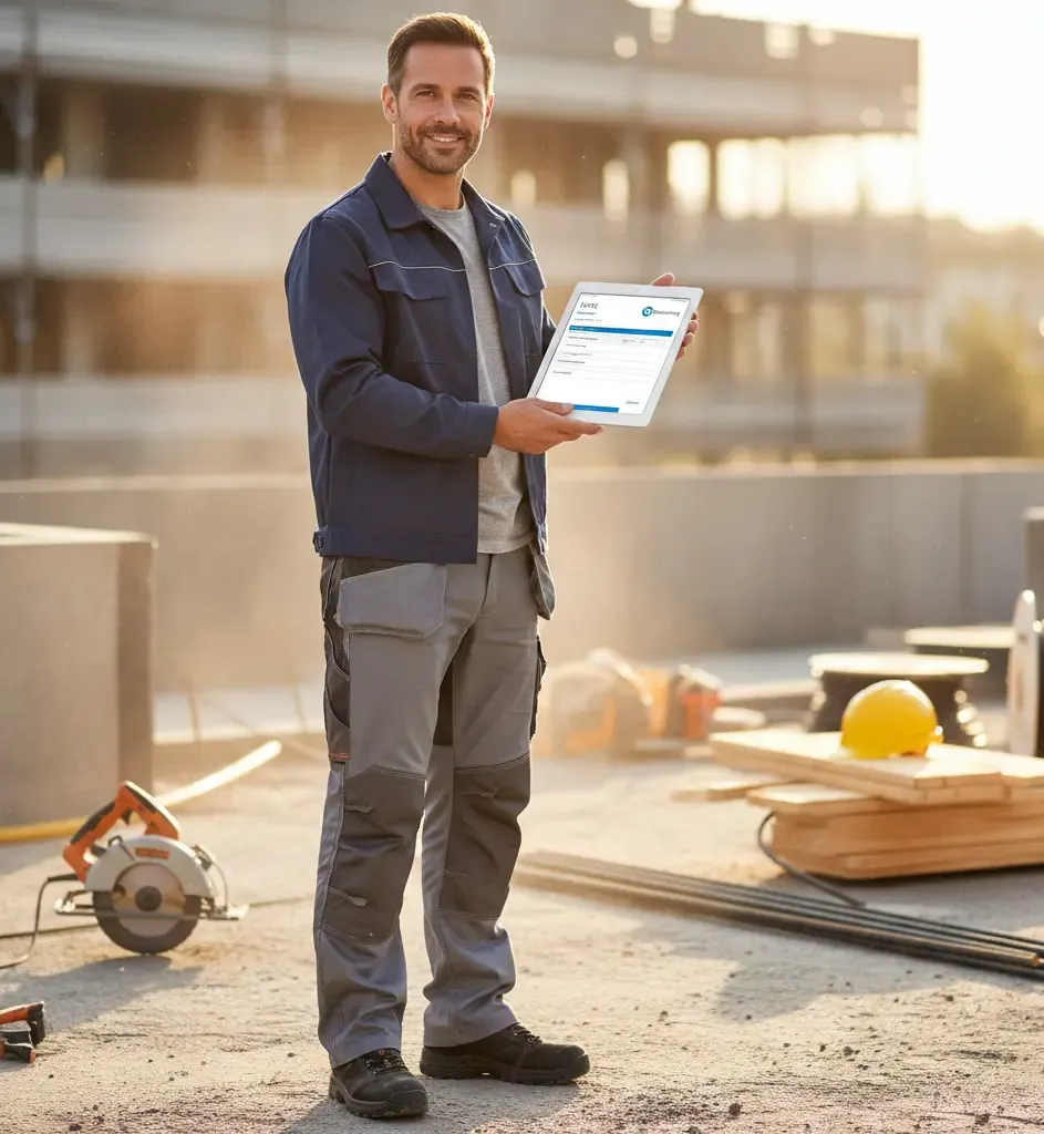 Handwerker erstellt Angebot mobil auf Baustelle mit XRechnungs.de Software