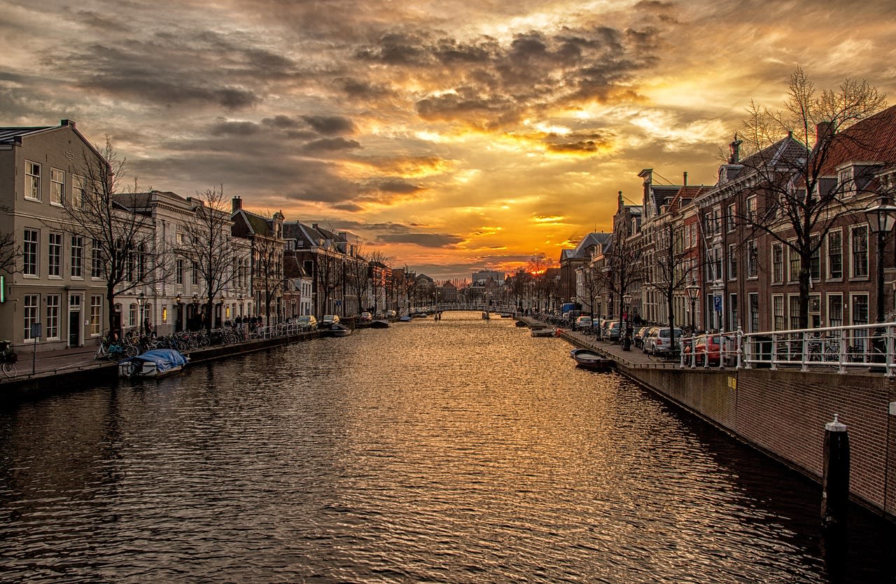 waterway, channel, holland, houses, sunset, water, nature, flow, hdr
