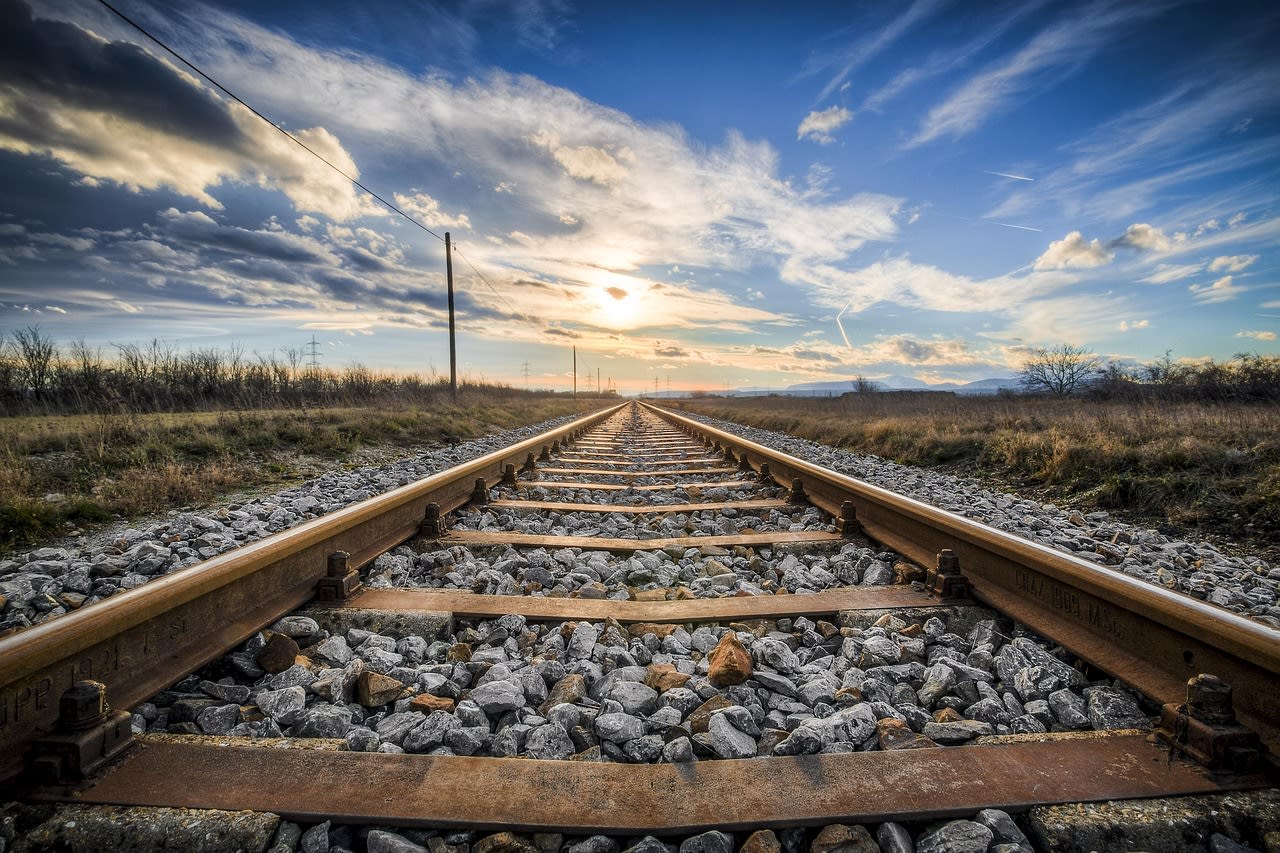 railway, rocks, sunset, sun, sunlight, track, nature, rail, rail track, railway track, rust, rusted, abandoned, railroad track, evening atmosphere