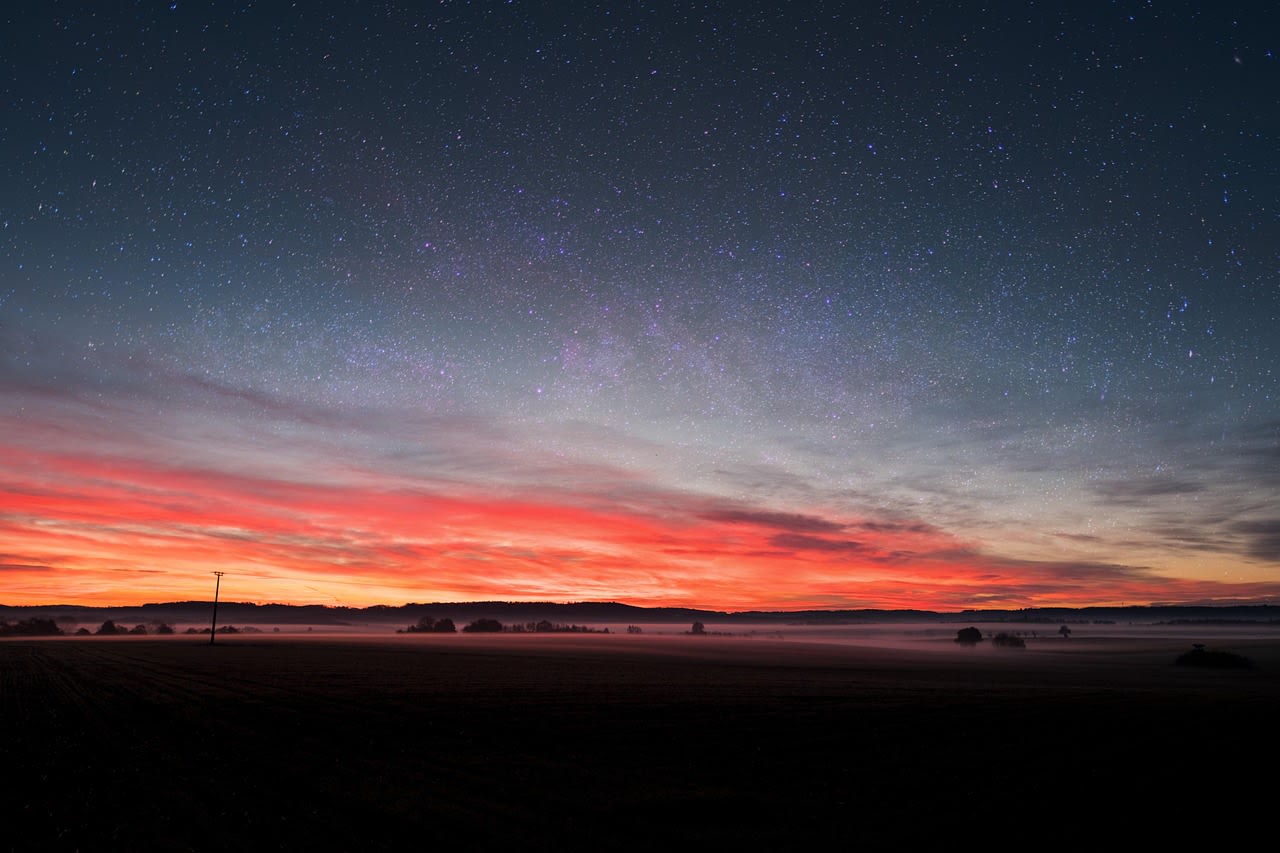 heaven, stars, fog, steam, nature, starry sky, dawn, sunrise, clouds, landscape, fall