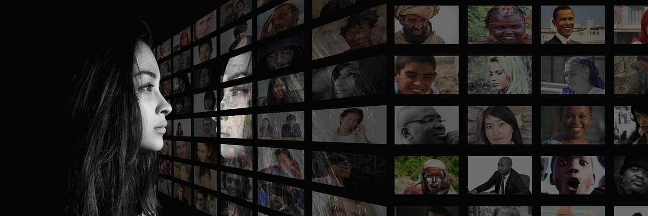 people, woman, self talk, mirrors, communication, reflection, faces, monitor, perspective, social, media, portrait, community, friends, lots