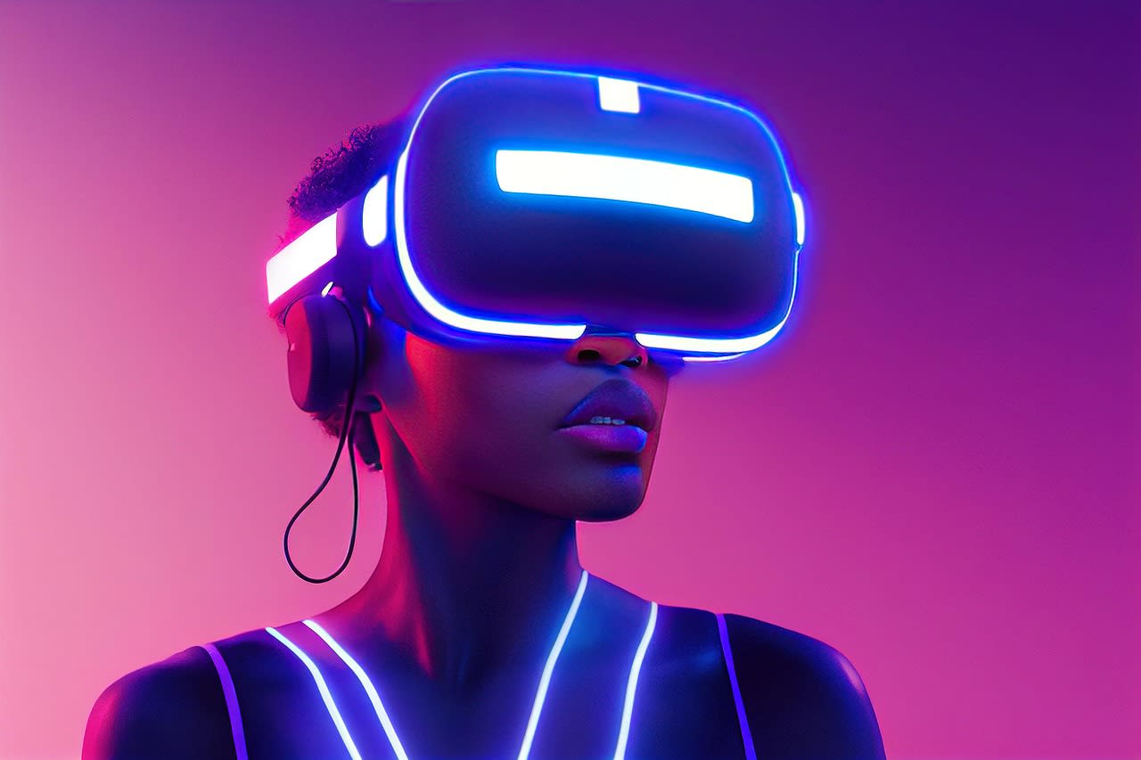 xr, mr, mixed reality, virtual reality, augmented reality, african american, female, woman, lady, girl, black, metaverse, america, pink, purple, blue