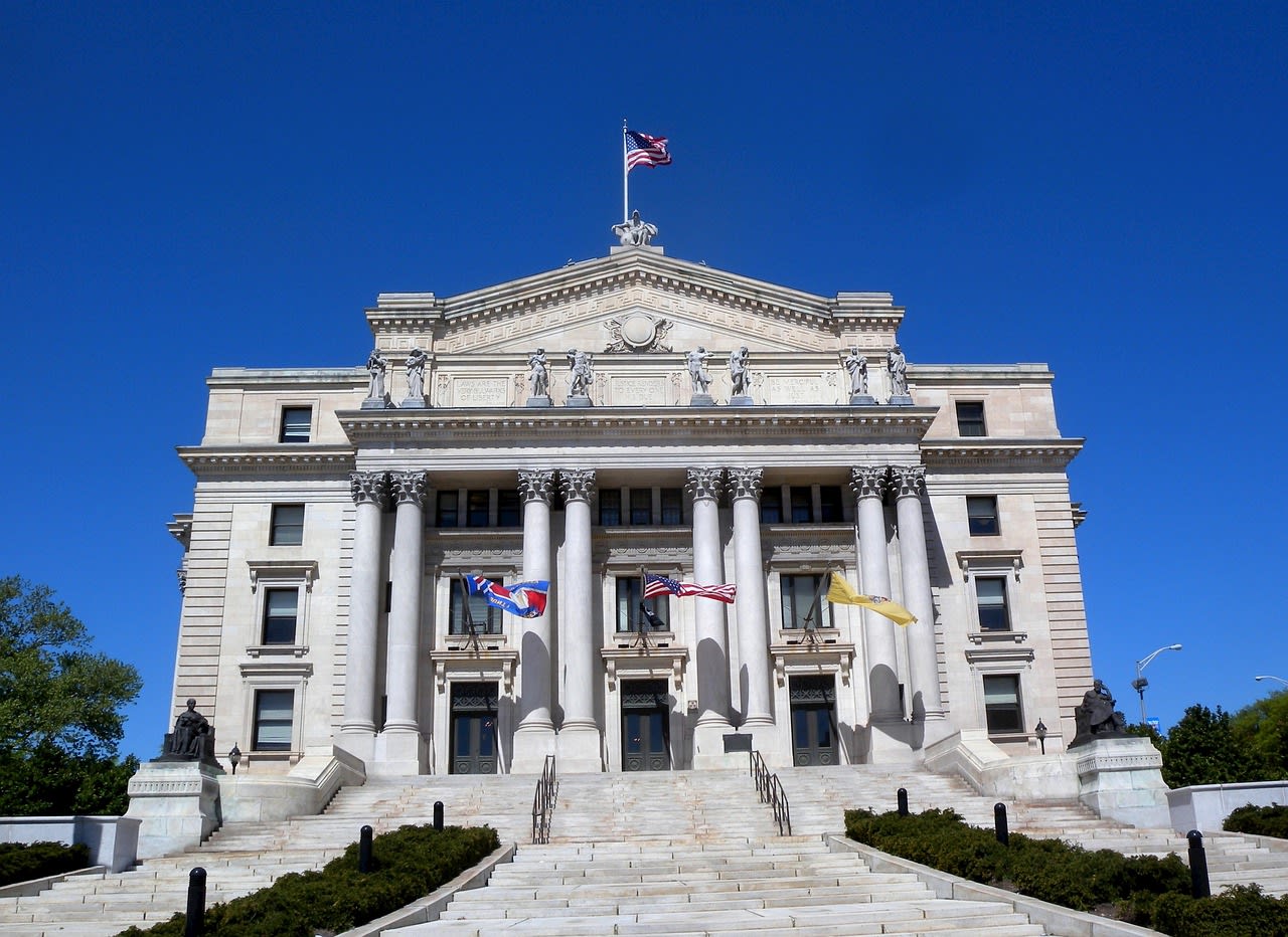 newark, new jersey, courthouse, law, architecture, buildings, sky, city, cities, steps, outside, flags, trees, nature, blue law