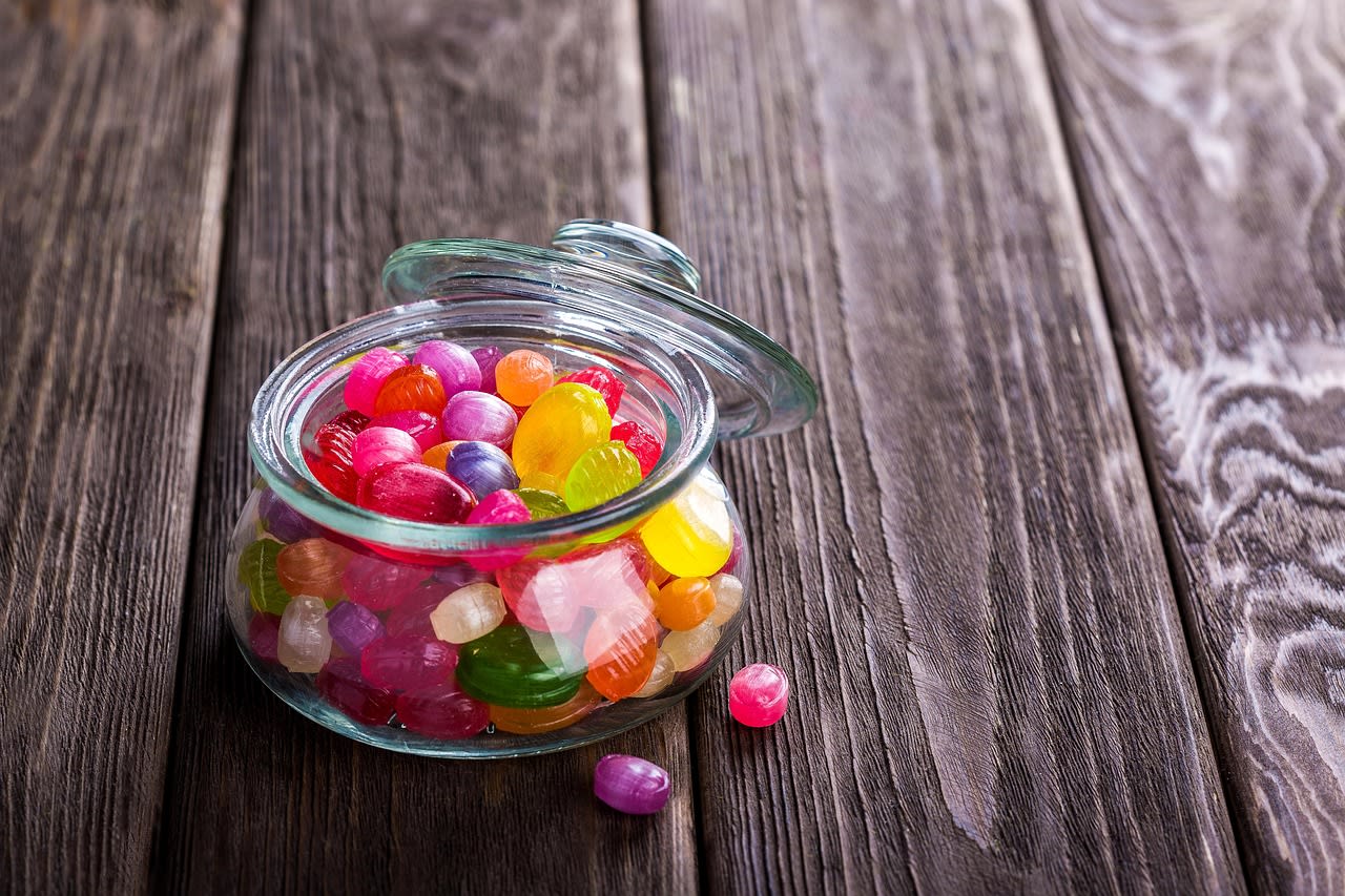 candies, sweetmeats, jar, glass jar, container, glass container, confections, confectionery, treats, nibble, sweets, dessert, food, colorful