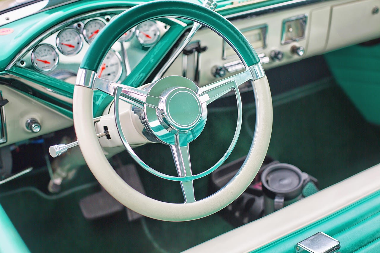 vintage car, steering wheel, turquoise, interior, dashboard, old, automobile, auto, retro, classic, transportation, automotive, vehicle, vintage car