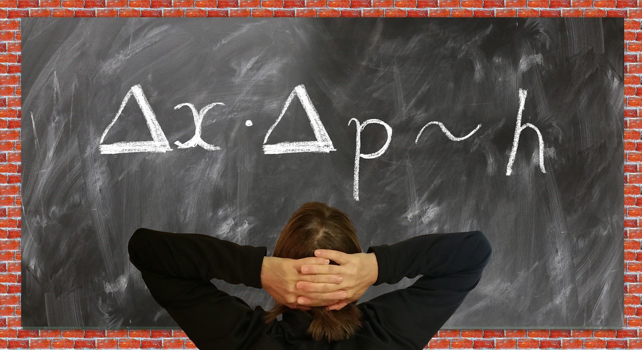 uncertainty relation, board, physics, heisenberg, formula, quantum physics, uncertainty principle, school, slate, teaching, chalk, to learn, training