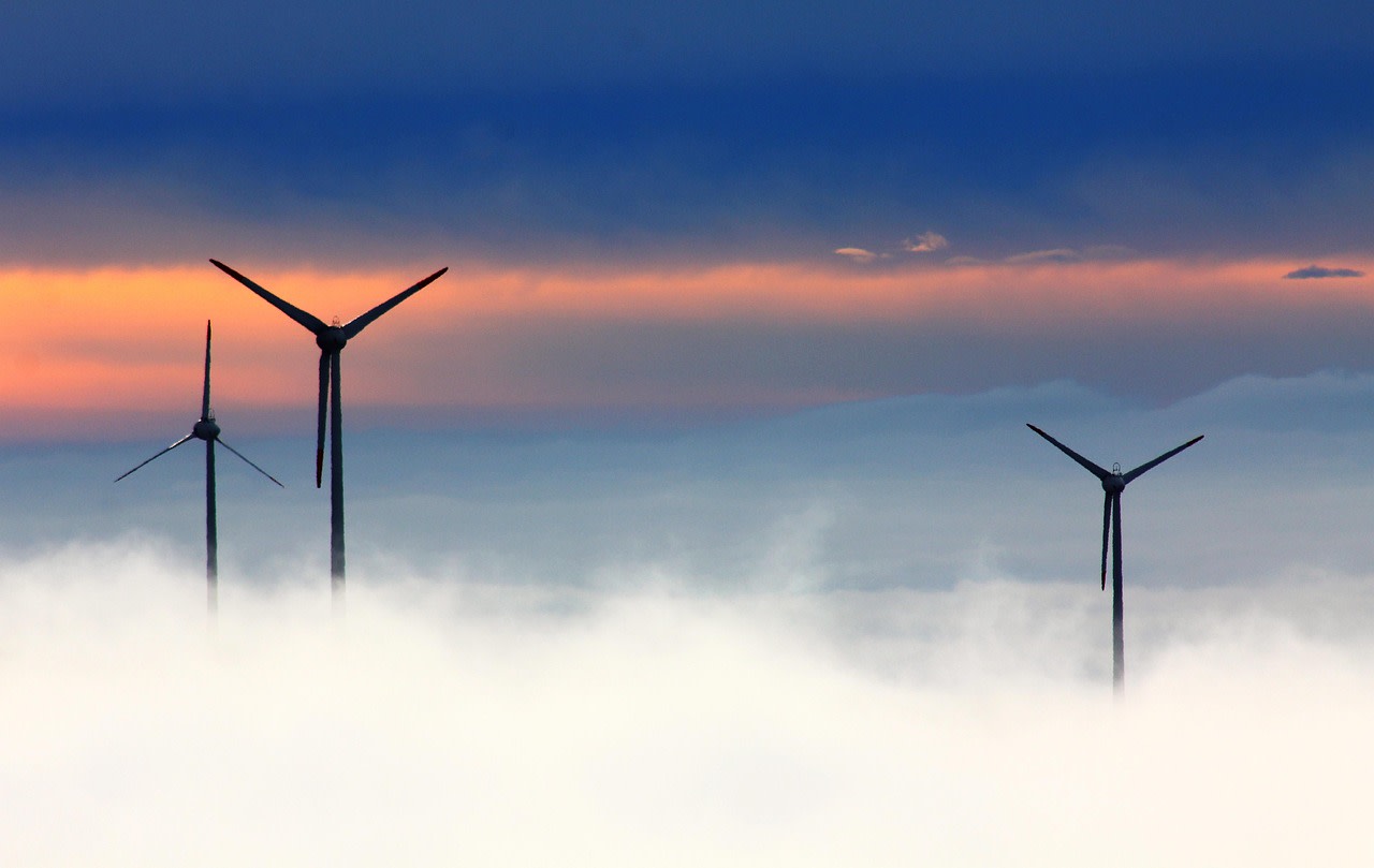 windmills, clouds, fog, wind power, wind park, nature, wind energy, alternative energy, renewable energy, wind turbines, sky